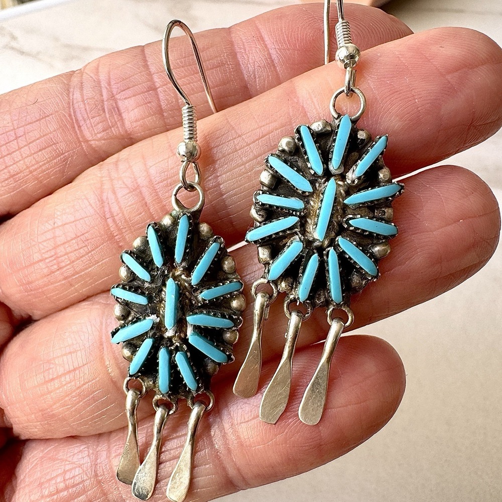 Native American Cluster Earrings Turquoise Needlepoint Hooks Signed Sterling